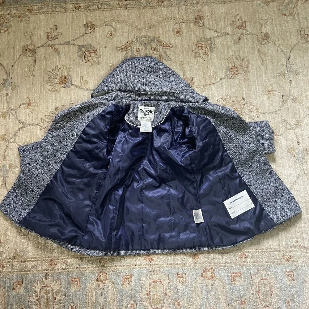 Osh Kosh B'gosh Gray Dress Polka Dot Pea Coat Girls Sz 4 Faux Sherpa Lined Hood